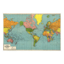 Affiche de carte du monde centrée sur l'Amérique v