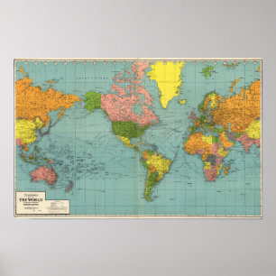 Affiche de carte du monde centrée sur l'Amérique v