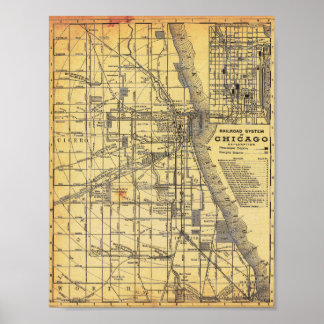 Affiche de carte ferroviaire détaillée vintage de