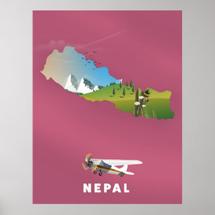 Affiche de carte illustrée du Népal