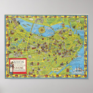Affiche de carte picturale vintage de Boston 1955