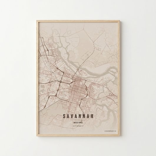 Affiche de carte rustique de Savannah, cadeau Wall