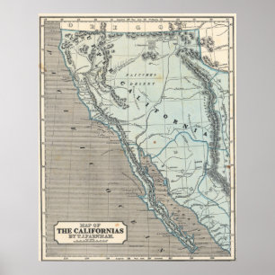 Affiche de carte vintage de Californie 1845