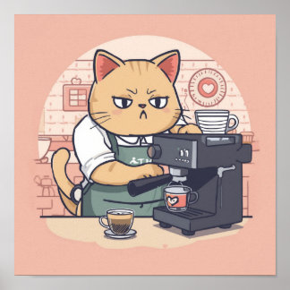 Affiche de chat barista de dessin animé mignon et