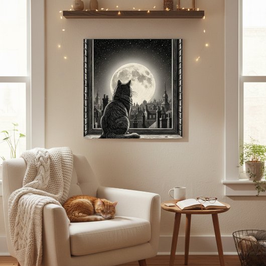 Affiche de chat de paysage urbain éclairé par la l