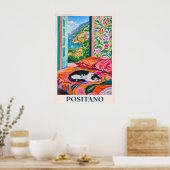 Affiche de chat de Positano, vue sur la fenêtre de (Cuisine)