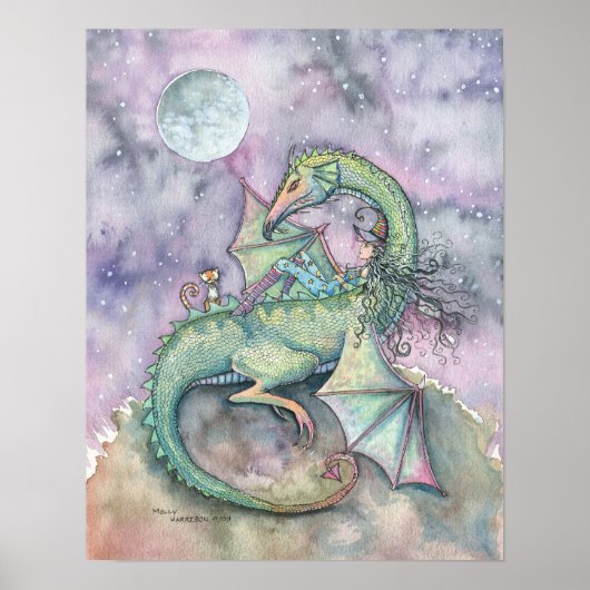 Affiche de chat dragon sorcière contemplant la lun (Devant)