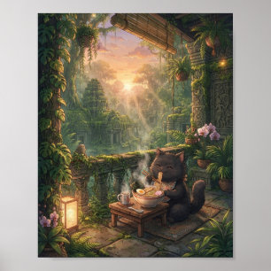 Affiche de Chat Noir Douillet Buvant du Ramen - Te