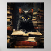 Affiche de chat noir mignon lisant un livre (Devant)