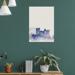 Affiche de château écossais bleu Misty à l'aquarel