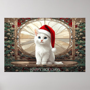 Affiche de chaton blanc avec chapeau de Père Noël