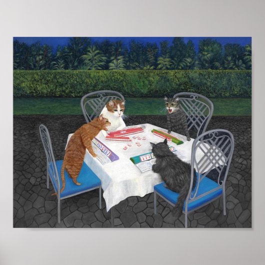 Affiche de chats jouant au Mahjong (Devant)