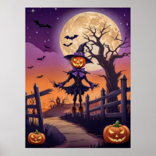 Affiche de chemin de citrouille hanté sous la lune