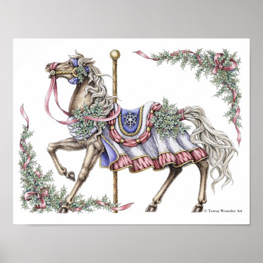 Affiche de cheval de carrousel d'hiver dessinée à (Devant)