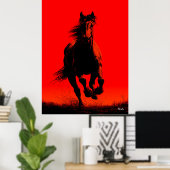 Affiche de cheval en course – Silhouette noire sur (Bureau à domicile)