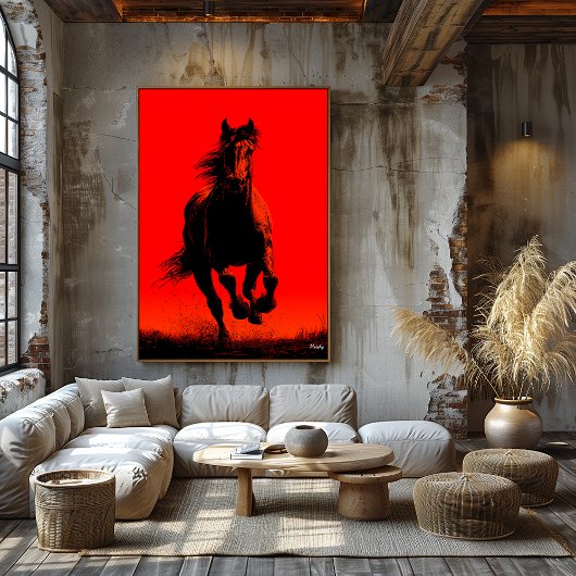 Affiche de cheval en course – Silhouette noire sur