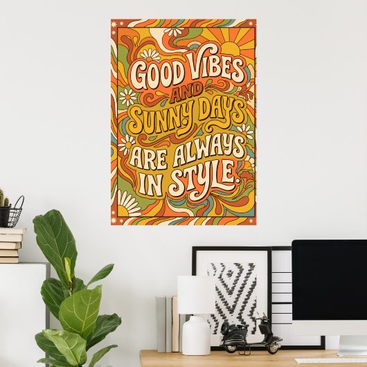 Affiche de citation rétro groovy Good Vibes Sunny (Bureau à domicile)
