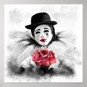 Affiche de Clown avec Rose Peinture Noir Blanc