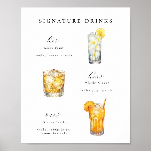 Affiche de cocktails de mariage Boissons Signature (Devant)