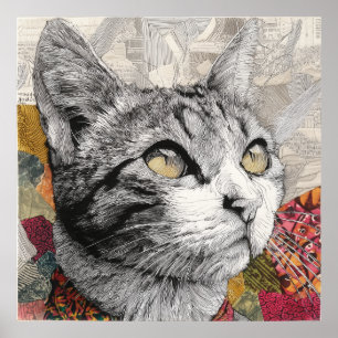 Affiche de collage de chat Meow Art mural