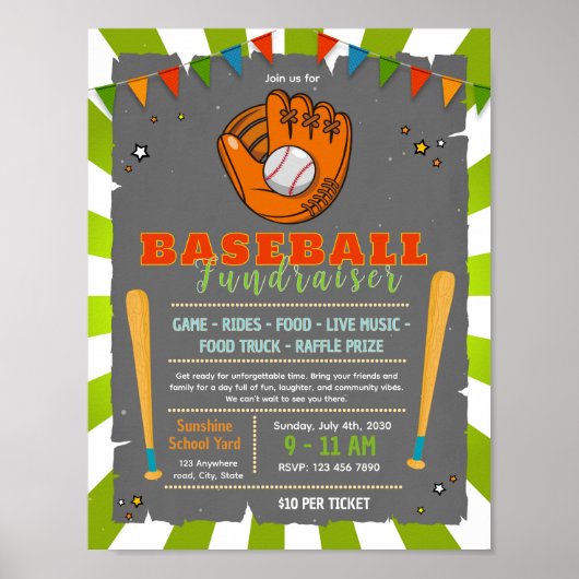 Affiche de collecte de fonds mignonne de baseball (Devant)