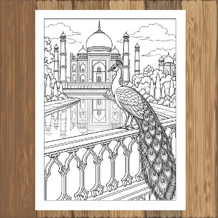Affiche de coloriage du paon au Taj Mahal