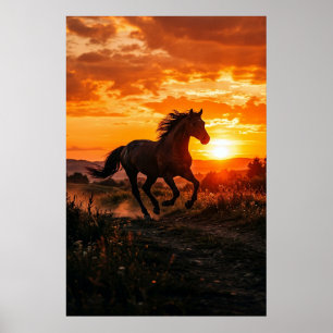 Affiche de coucher de soleil avec cheval   Course 