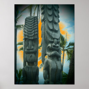 Affiche de coucher de soleil de la statue de tiki