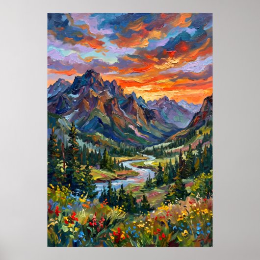 Affiche de coucher de soleil dramatique sur la mon (Devant)