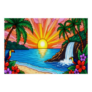 Affiche de coucher de soleil en verre coloré tropi