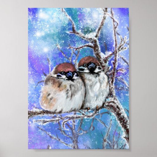 Affiche de Couple de Moineaux en Hiver (Devant)