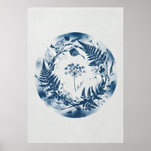 Affiche de couronne botanique de fougère indigo Cy