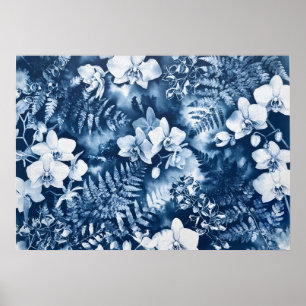 Affiche de cyanotype tropicale à orchidée indigo f