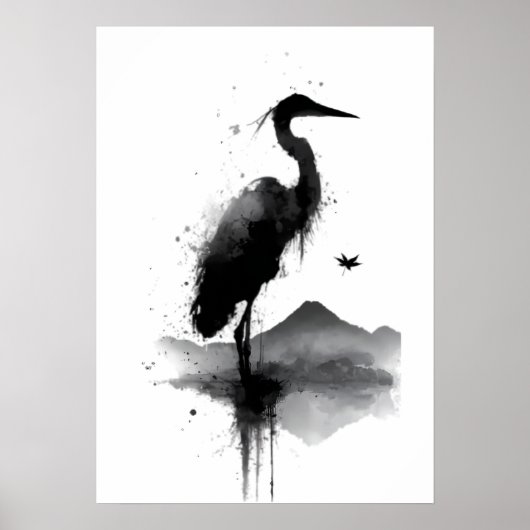 Affiche de décoration murale zen de la grue Sumi-e (Devant)