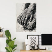 Affiche de dessin au fusain de mains âgées | Étude (Bureau à domicile)