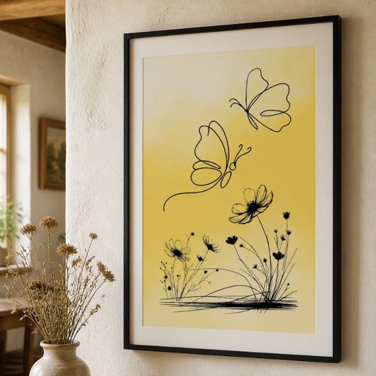 Affiche de dessin au trait de papillon jaune
