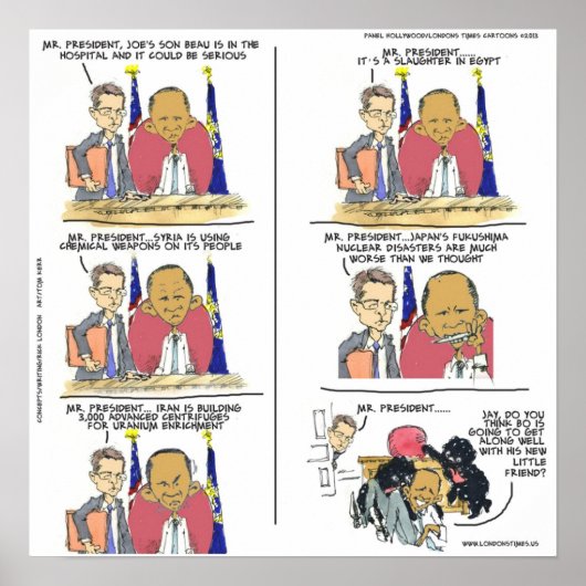 Affiche de dessin éditorial drôle d'Obama et Bo (Devant)