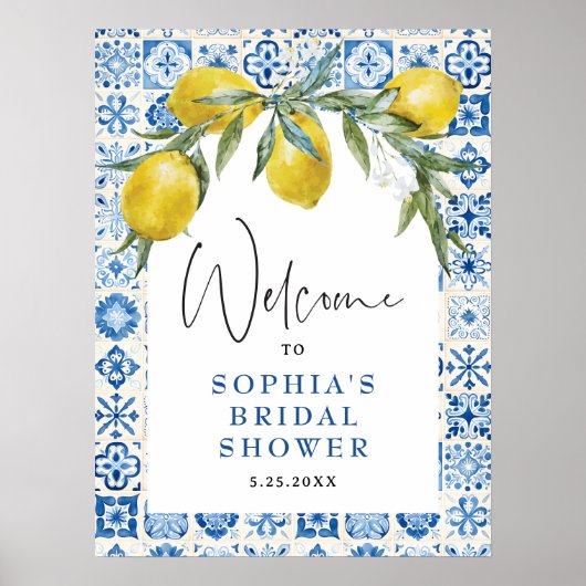 Affiche de douche de mariée en carrelage bleu médi (Devant)