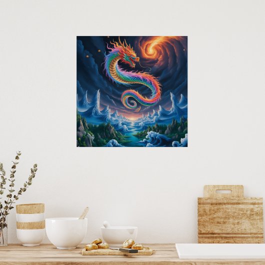 Affiche de dragon de style chinois soufflant du fe (Cuisine)