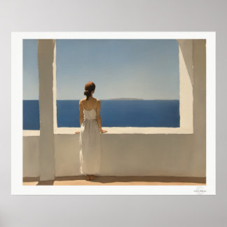 Affiche de femme sur terrasse surplombant la mer