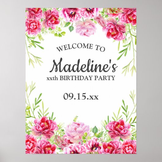 Affiche de fête d'anniversaire à fleurs roses et v (Devant)