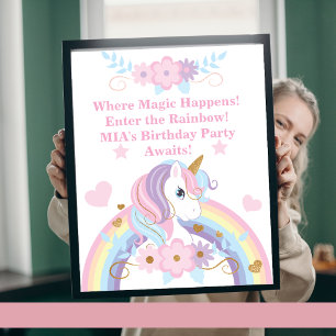 Affiche de fête d'anniversaire licorne arc-en-ciel