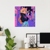 Affiche de fille chat cyberpunk – Esthétique néon (Bureau à domicile)