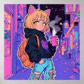 Affiche de fille chat cyberpunk – Esthétique néon (Devant)