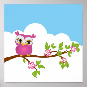 Affiche de fille de hibou mignonne sur une branche