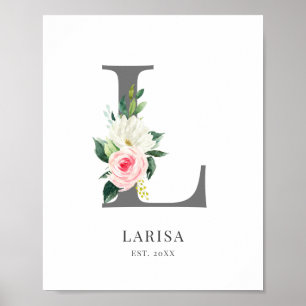 Affiche de fleurs aquarelles au monogramme L