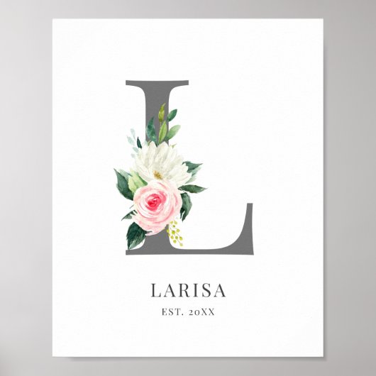 Affiche de fleurs aquarelles au monogramme L (Devant)