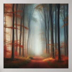 Affiche de forêt automnale brumeuse, arbre coloré 
