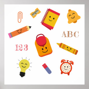 Affiche de fournitures scolaires de l'école Kawaii