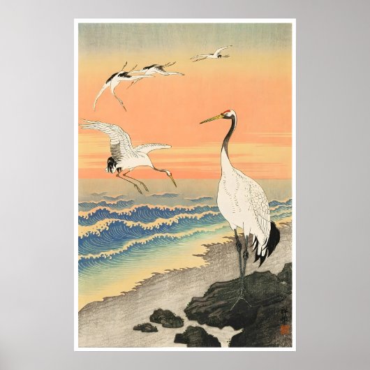 Affiche de grues sur le rivage de l'estampe japona (Devant)